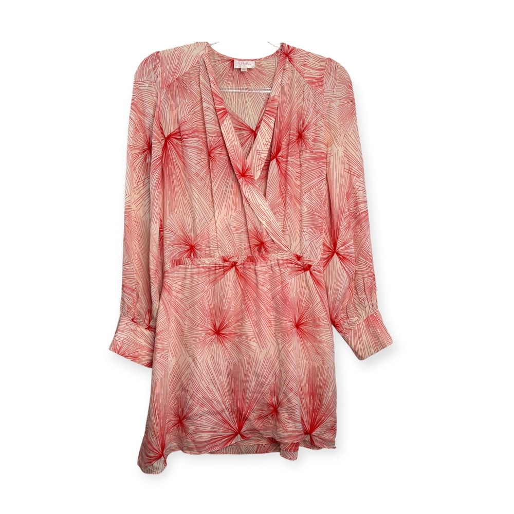 Parker Women XS Silk Mini Dress Pink Red Sunburst Print Long Sleeve Faux Wrap